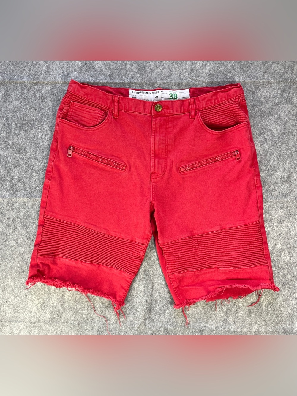 LRG Mens 38 Red Biker Denim Shorts True Straight Moto Raw Frayed Hem J196003